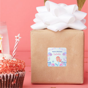 Cute Mermaid Rainbow Watercolor Birthday party Square Sticker