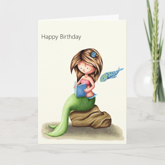 Cute Mermaid Reading Personalized Happy Birthday  Card (Front)