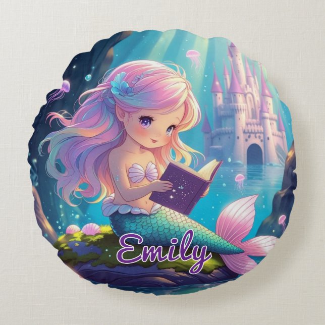 Cute Mermaid Reading Round Pillow (Front)