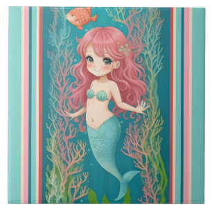 Cute Mermaid - Redhead Cartoon girl with blue tail Ceramic Tile