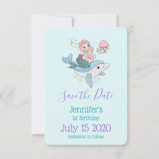 Cute Mermaid Riding a Dolphin Birthday Save The Date (Front)