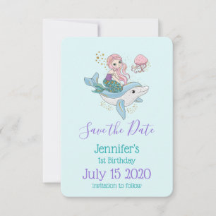Cute Mermaid Riding a Dolphin Birthday Save The Date