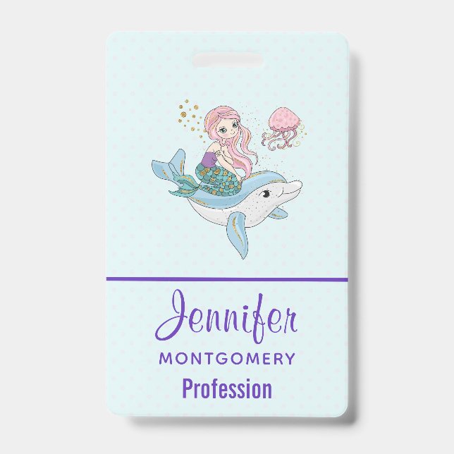 Cute Mermaid Riding a Dolphin Under the Sea Badge (Front)