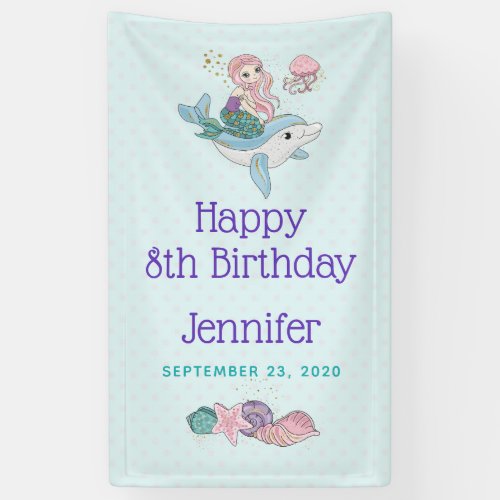 Cute Mermaid Riding a Dolphin Under the Sea Banner