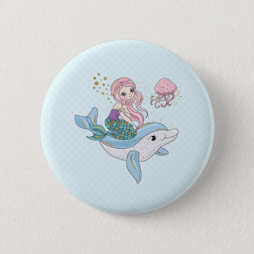 Cute Mermaid Riding a Dolphin Under the Sea Button