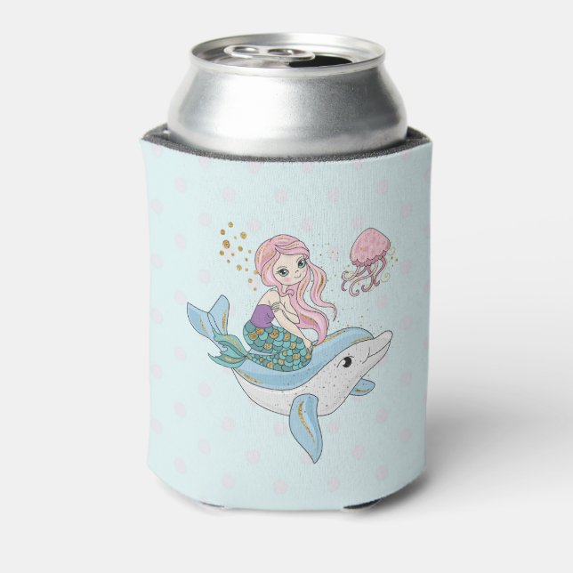 Cute Mermaid Riding a Dolphin Under the Sea Can Cooler (Can Back)