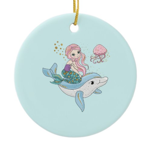 Cute Mermaid Riding a Dolphin Under the Sea Ceramic Ornament