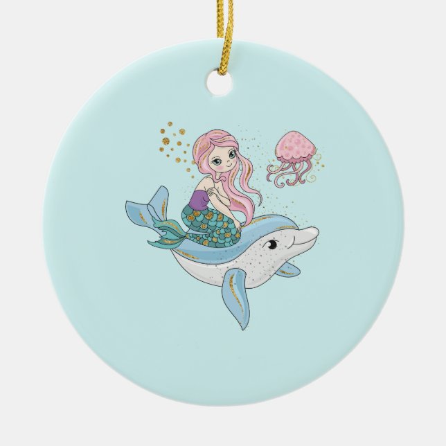 Cute Mermaid Riding a Dolphin Under the Sea Ceramic Ornament (Front)