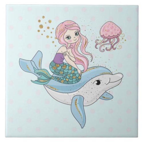 Cute Mermaid Riding a Dolphin Under the Sea Ceramic Tile