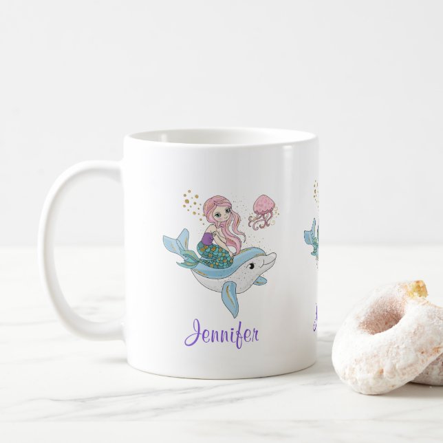 Cute Mermaid Riding a Dolphin Under the Sea Coffee Mug (With Donut)