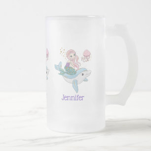 Cute Mermaid Riding a Dolphin Under the Sea Frosted Glass Beer Mug