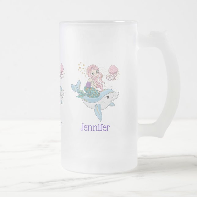 Cute Mermaid Riding a Dolphin Under the Sea Frosted Glass Beer Mug (Right)