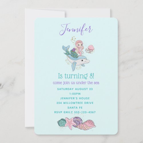 Cute Mermaid Riding a Dolphin Under the Sea Invitation