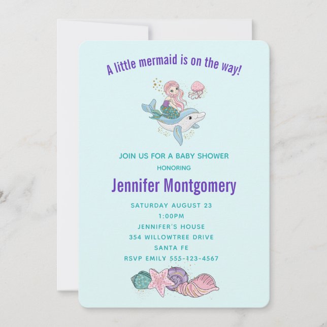 Cute Mermaid Riding a Dolphin Under the Sea Invitation (Front)