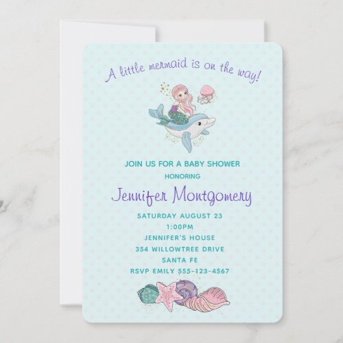 Cute Mermaid Riding a Dolphin Under the Sea Invitation