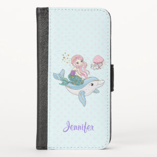 Cute Mermaid Riding a Dolphin Under the Sea iPhone X Wallet Case