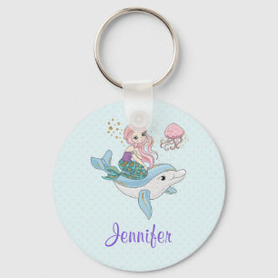 Cute Mermaid Riding a Dolphin Under the Sea Keychain