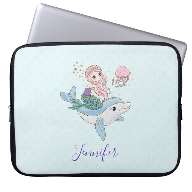 Cute Mermaid Riding a Dolphin Under the Sea Laptop Sleeve (Front)
