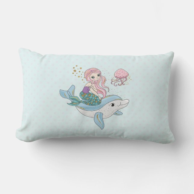 Cute Mermaid Riding a Dolphin Under the Sea Lumbar Pillow (Front)