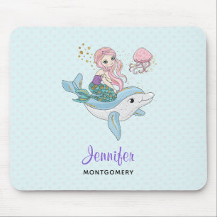 Cute Mermaid Riding a Dolphin Under the Sea Mouse Pad