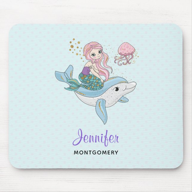 Cute Mermaid Riding a Dolphin Under the Sea Mouse Pad (Front)