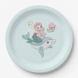 Cute Mermaid Riding a Dolphin Under the Sea Paper Plates
