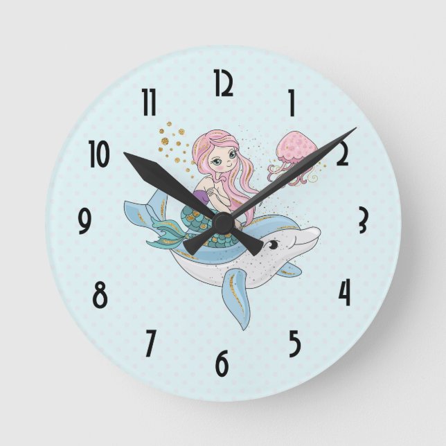 Cute Mermaid Riding a Dolphin Under the Sea Round Clock (Front)