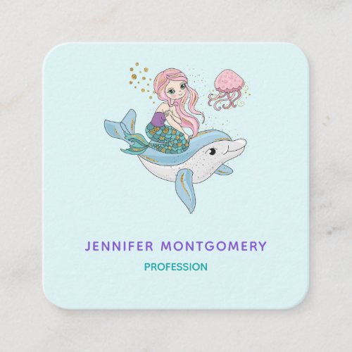 Cute Mermaid Riding a Dolphin Under the Sea Square Business Card