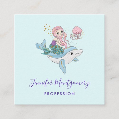 Cute Mermaid Riding a Dolphin Under the Sea Square Business Card