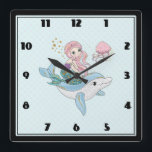 Cute Mermaid Riding a Dolphin Under the Sea Square Wall Clock<br><div class="desc">A clock with an adorable illustration. Designed with a pretty mermaid girl riding a happy dolphin. A little jellyfish friend accompanies them. Decorated with little splatters of faux gold glitter.</div>