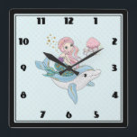 Cute Mermaid Riding a Dolphin Under the Sea Square Wall Clock<br><div class="desc">A clock with an adorable illustration. Designed with a pretty mermaid girl riding a happy dolphin. A little jellyfish friend accompanies them. Decorated with little splatters of faux gold glitter.</div>