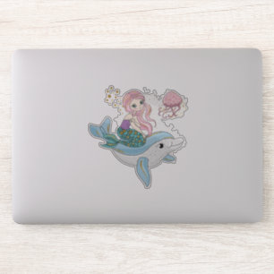 Cute Mermaid Riding a Dolphin Under the Sea Sticker