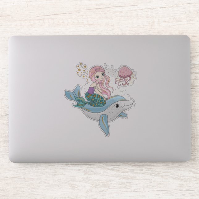 Cute Mermaid Riding a Dolphin Under the Sea Sticker (Computer)