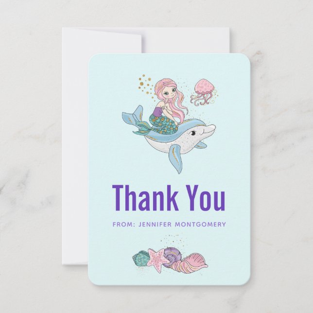 Cute Mermaid Riding a Dolphin Under the Sea Thank You Card (Front)