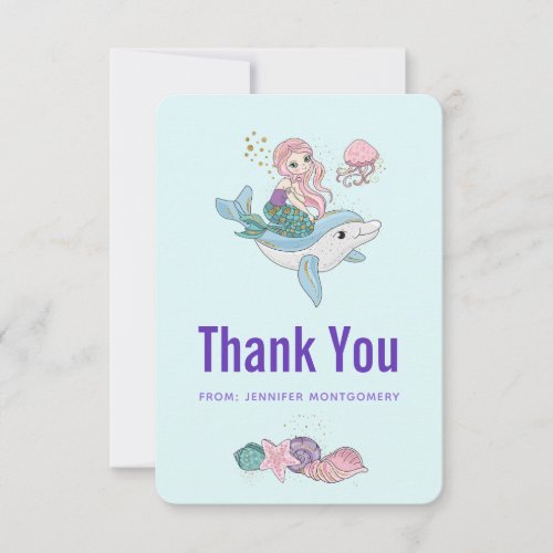 Cute Mermaid Riding a Dolphin Under the Sea Thank You Card