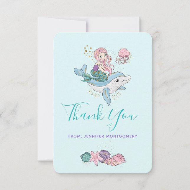 Cute Mermaid Riding a Dolphin Under the Sea Thank You Card (Front)