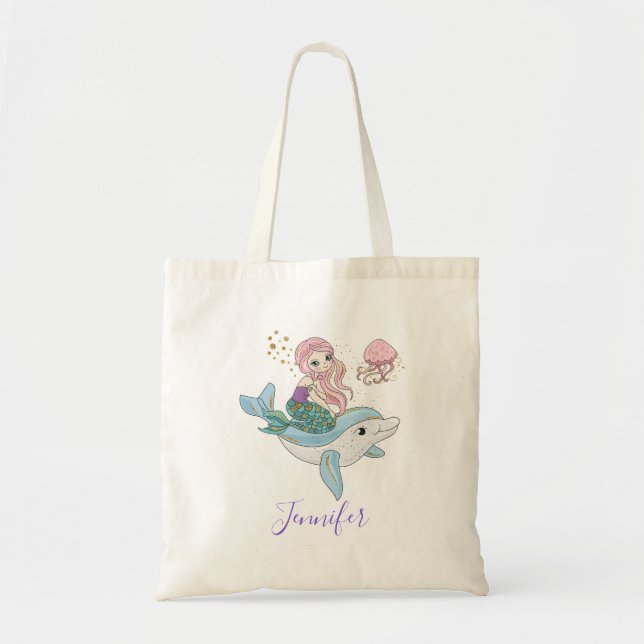 Cute Mermaid Riding a Dolphin Under the Sea Tote Bag (Front)