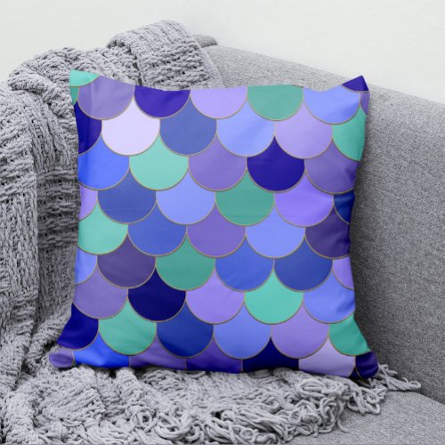 Cute Mermaid Scales Purple Aqua Teal Blue Outdoor Pillow