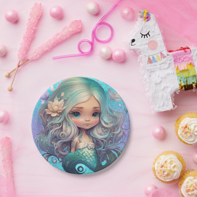 Cute Mermaid Sea Blue Purple Scales Paper Plates (Party)