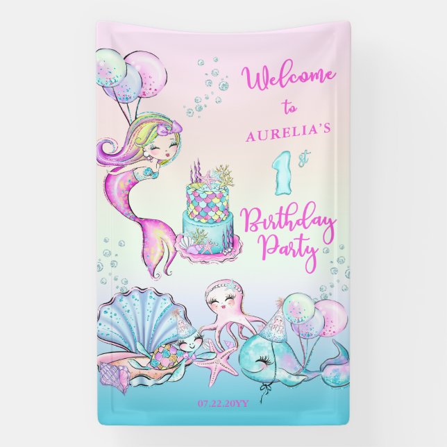 Cute Mermaid | Sea Girl's 1st Birthday Party Banner (Vertical)