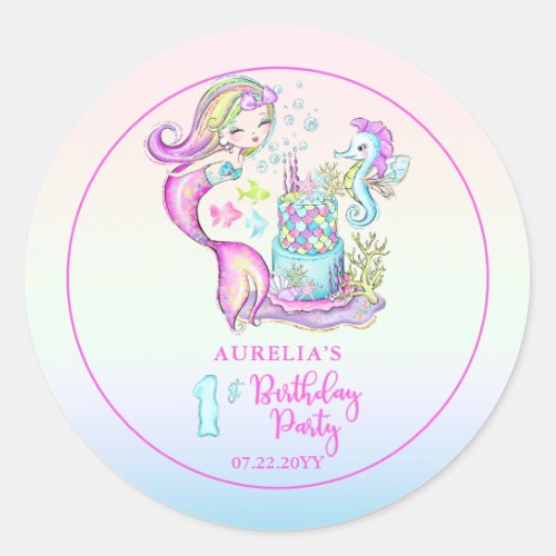 Cute Mermaid  Sea Girls 1st Birthday Party Classic Round Sticker