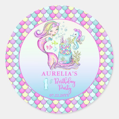 Cute Mermaid  Sea Girls 1st Birthday Party  Classic Round Sticker