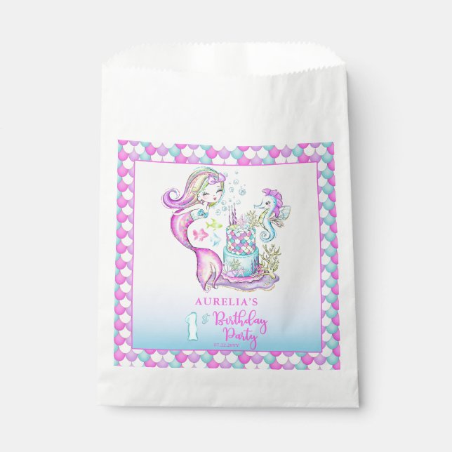 Cute Mermaid | Sea Girl's 1st Birthday Party Favor Bag (Front)