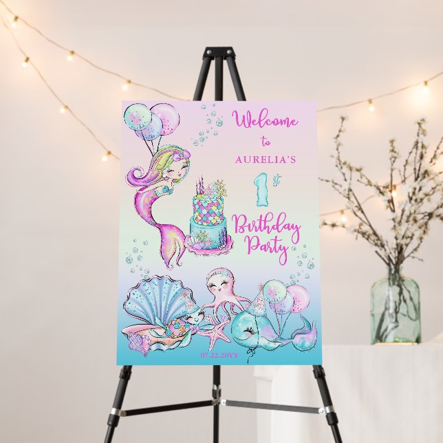 Cute Mermaid | Sea Girl's 1st Birthday Party Foam Board (In Situ (Stand))