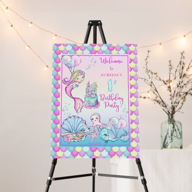 Cute Mermaid | Sea Girl's 1st Birthday Party Foam  Foam Board (In Situ (Stand))