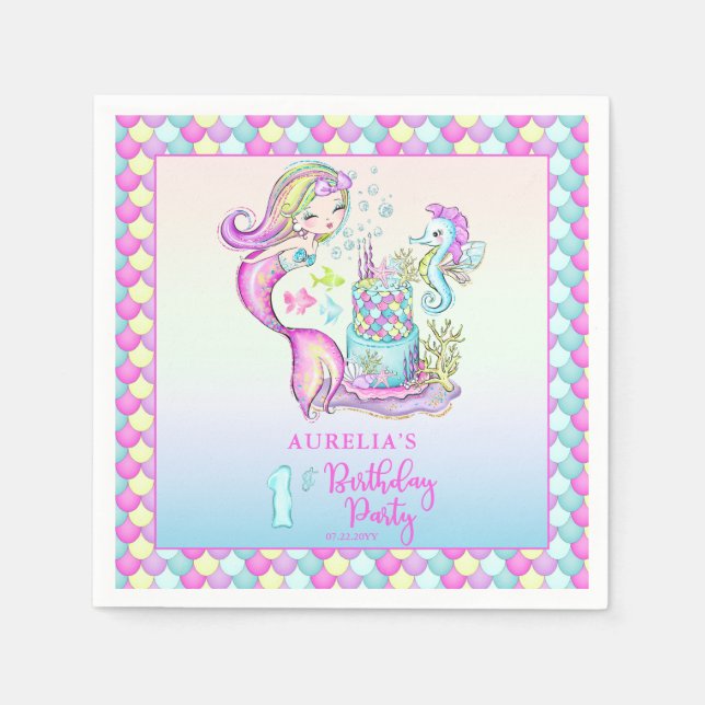 Cute Mermaid | Sea Girl's 1st Birthday Party  Napkins (Front)