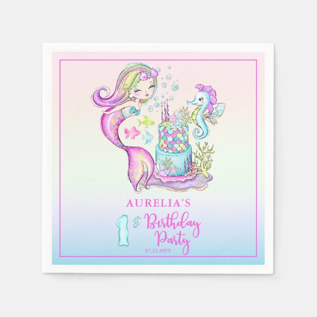 Cute Mermaid | Sea Girl's 1st Birthday Party Napkins (Front)