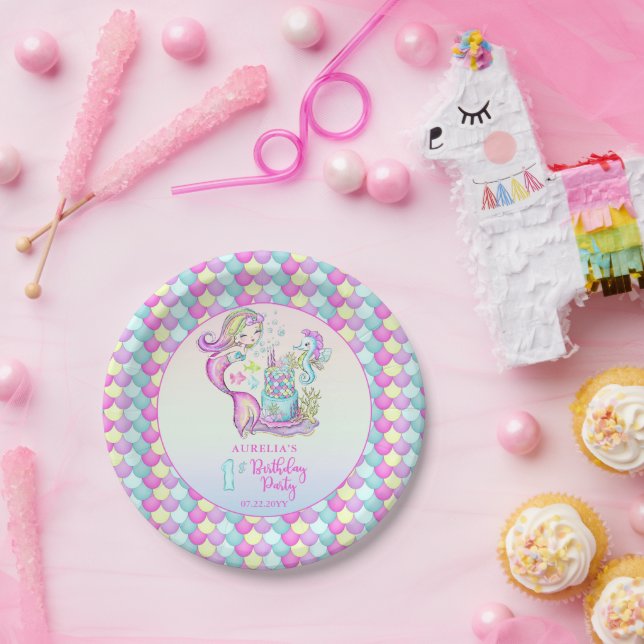 Cute Mermaid | Sea Girl's 1st Birthday Party Paper Plates (Party)