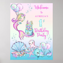 Cute Mermaid | Sea Girl&#39;s 1st Birthday Party Poste Poster