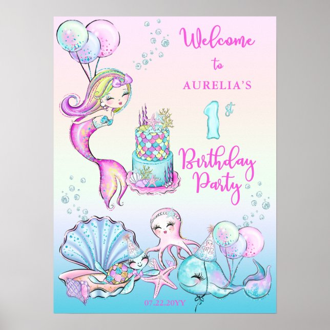 Cute Mermaid | Sea Girl's 1st Birthday Party Poste Poster (Front)